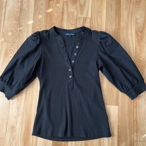 Veronica Beard Coralee Puff-Sleeve Blue Ribbed Split-Band Collar Top Size S